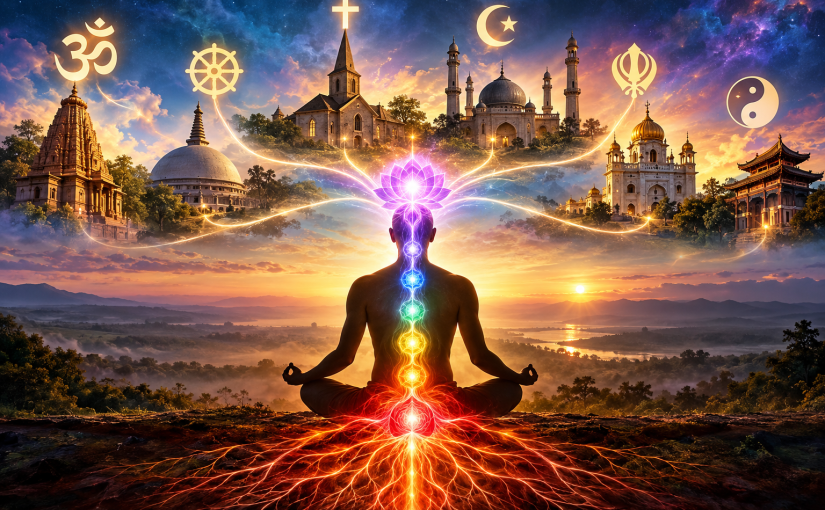 A meditator with glowing Kundalini energy rising from the Muladhara chakra to the crown, surrounded by symbols and sacred places representing different religions and spiritual paths, illustrating their common underlying unity.